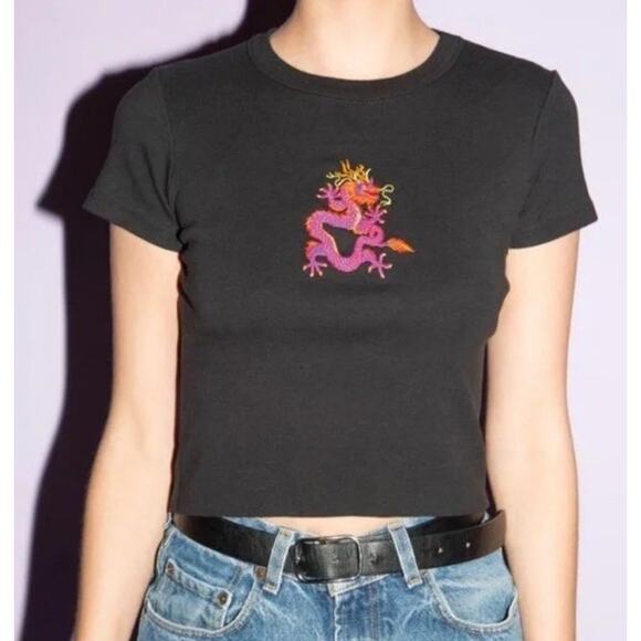 Y2K BRANDY MELVILLE Embroidered Chinese Dragon Super Soft Black T Shirt OS - Picture 1 of 7